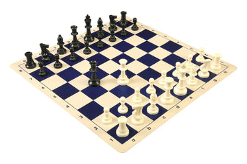 Chessboard with black and white chess pieces on a blue and beige checkered board