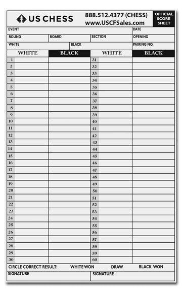 Official US chess Self-Duplicating Score Sheets - PACK OF 100 SHEETS