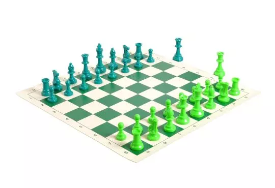 2 Player Chess Set Combination - Triple  Weighted Regulation Colored Chess Pieces & Regulation Vinyl Chess Board