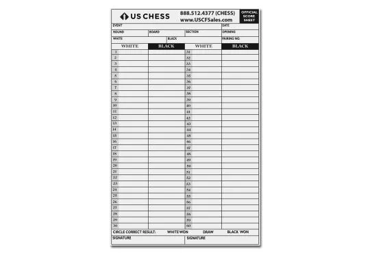 Official US chess Self-Duplicating Score Sheets - SINGLE SHEET