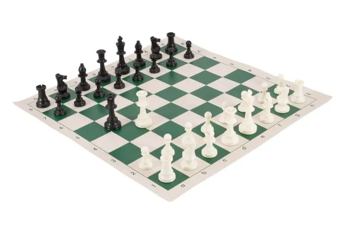 SOLID PLASTIC Tournament Chess Pieces and Chess Board Combo Green & Buff Reg 