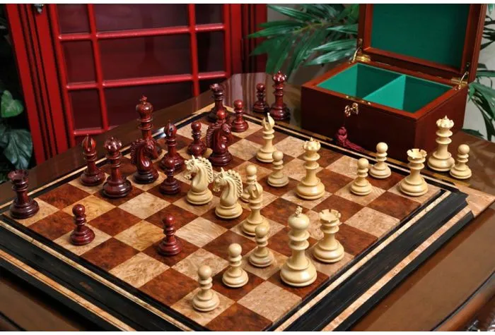 Large Contemporary Staunton Solid Brass & Wood Chess Set with Blue Ash Burl  Board - The Chess Store