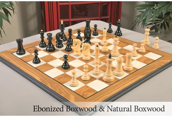 New Exclusive Staunton Chess Set Ebony & Boxwood Pieces with Black & Ash  Burl Chess Board & Box - 3 King - The Chess Store